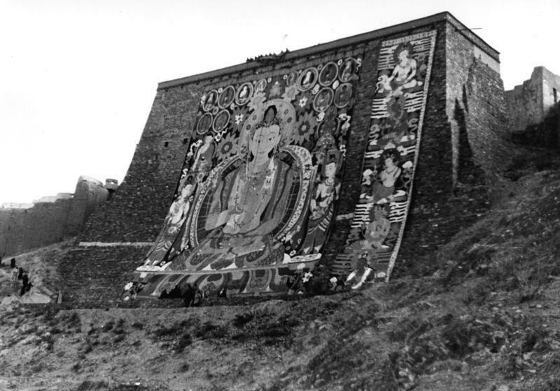 Thanka Painting in Nepal: Discover the Rich Tradition 2 A large thangka hung on a special wall at Gyantse in Tibet in 1938