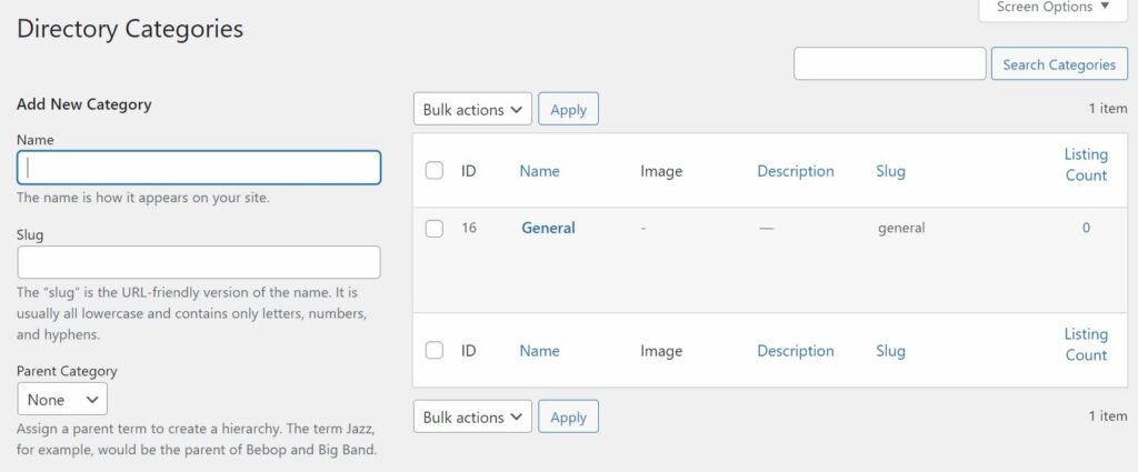 Adding different categories with the Business Directory plugin. 