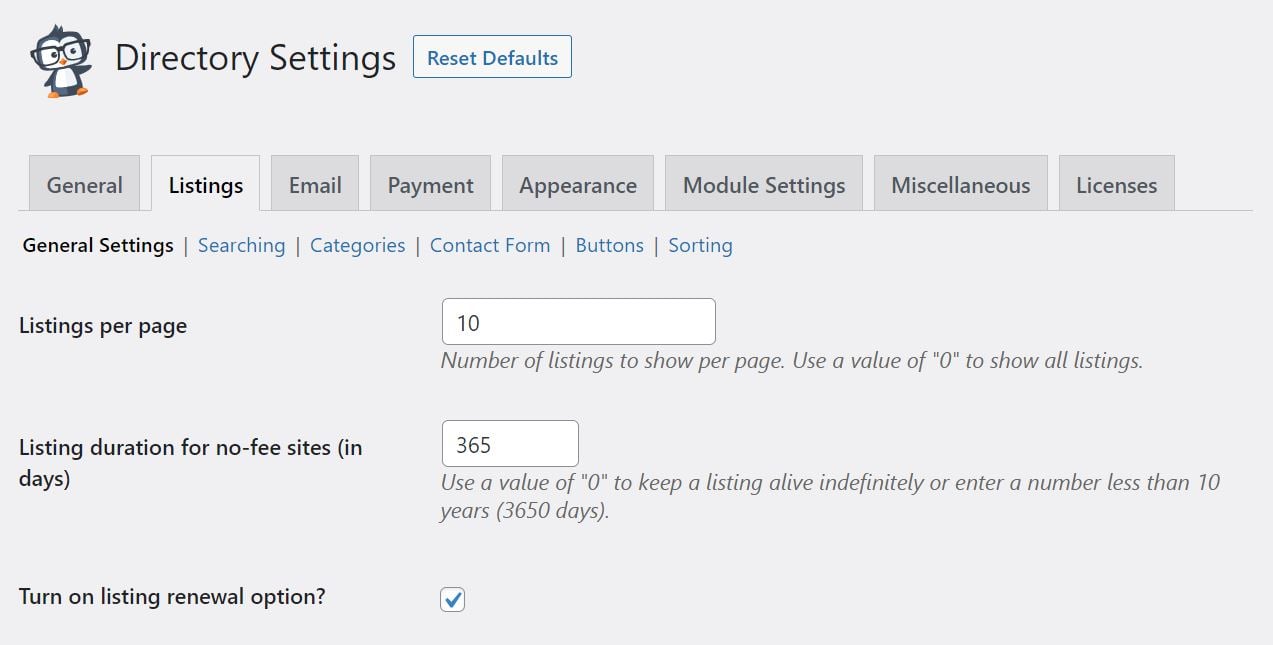 The Directory Settings page