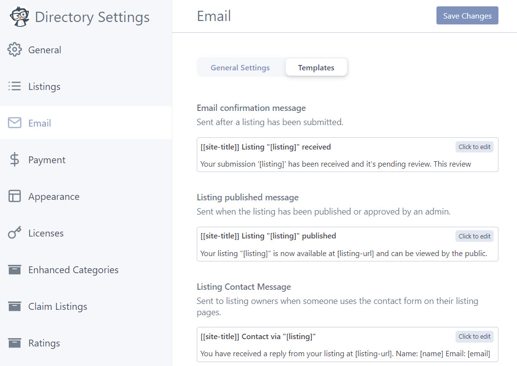 email template settings