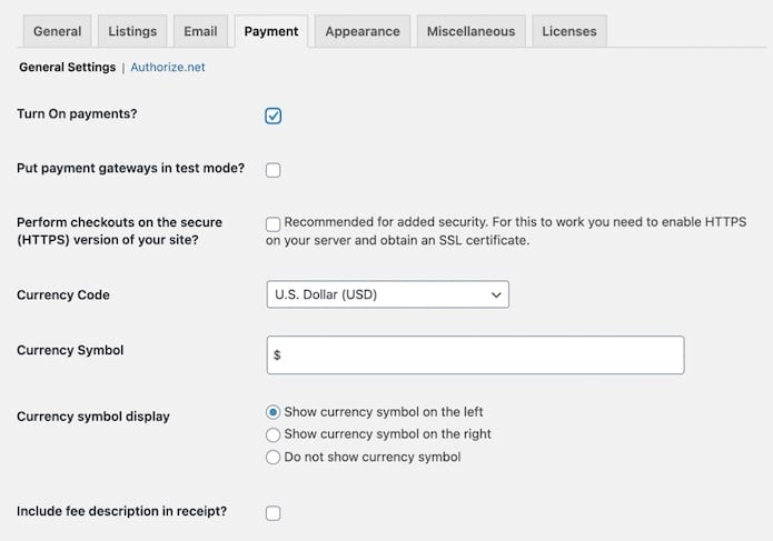 Business Directory Plugin payment settings