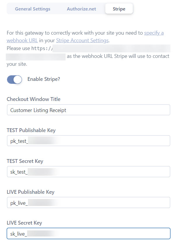 stripe license key settings