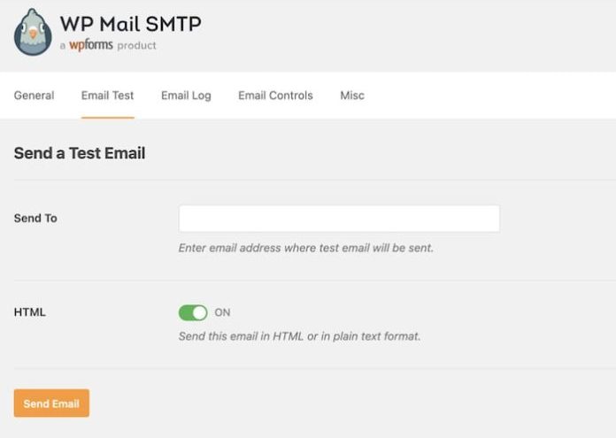 WP Mail SMTP test email screen