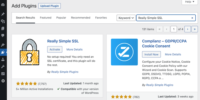 Installing the Really Simple SSL plugin.
