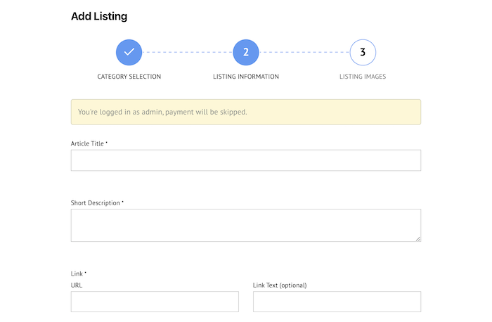 A sample of the page where users can submit a listing in a niche article directory