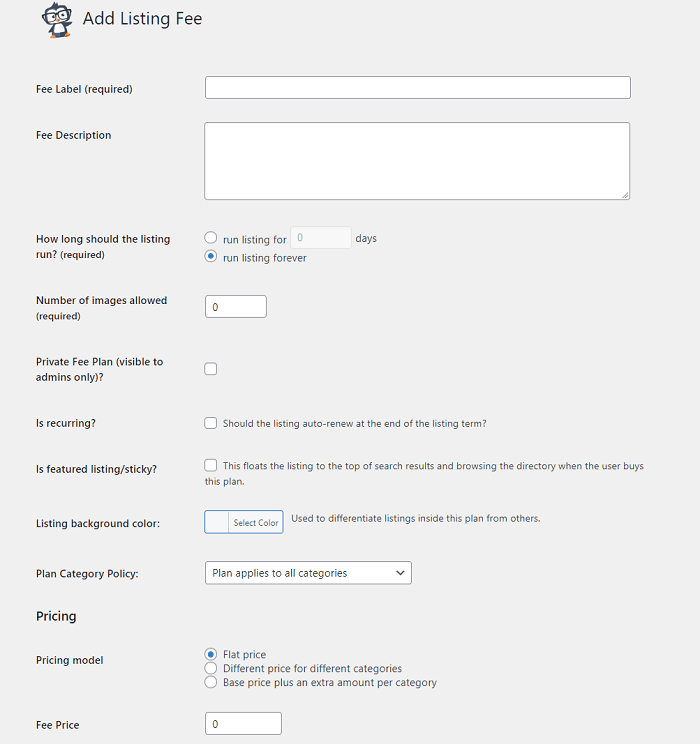 The form to add a new real estate listing fee.