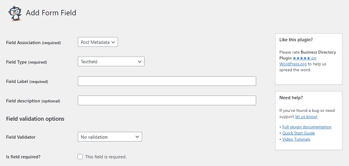 The top of the page to create a WordPress custom directory field.