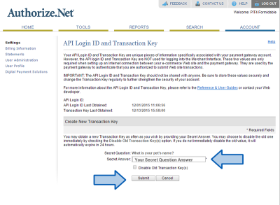 Authorize.net Secret Answer