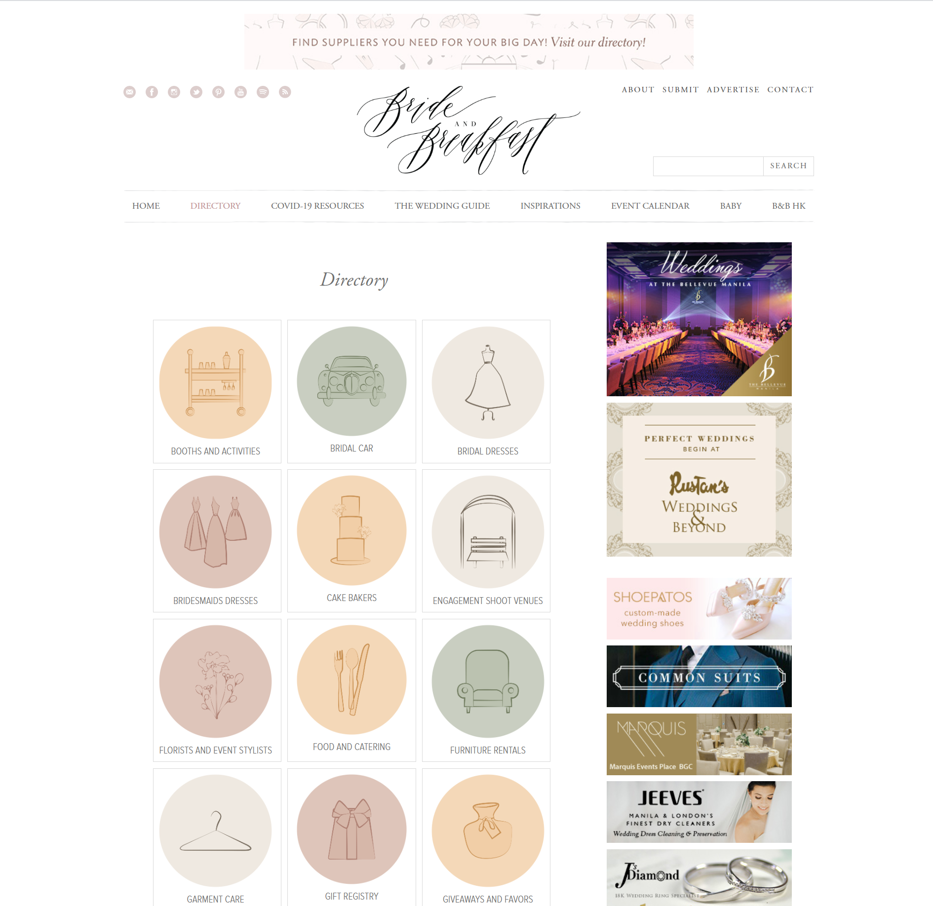 The homepage for Bride and Breakfast, one of the best business directory websites.