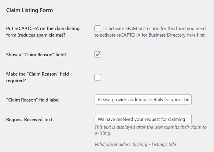 Configuring the claim listing form