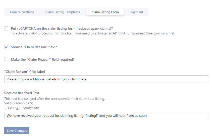 Claim listing form settings