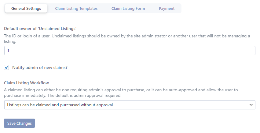 claim listing general settings