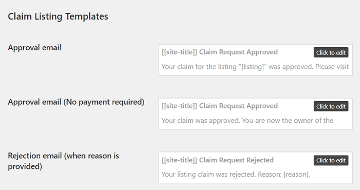 Claim listing templates