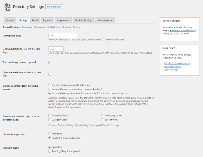 The basic settings for an online business directory website.