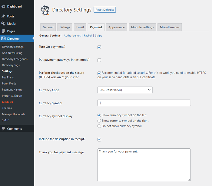 The Business Directory Plugin fee settings page.