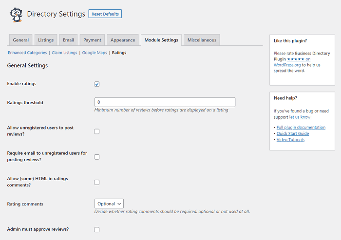 The ratings and reviews settings for your online business directory website.