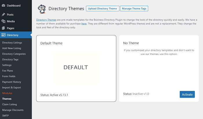 The Directory Themes page of Business Directory Plugin.