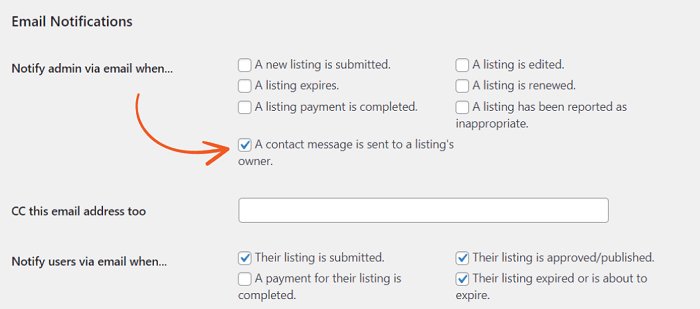 The contact form for email notification.