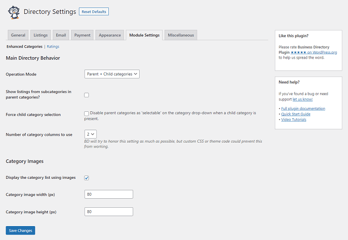 The settings for the enhanced categories modules for your WordPress custom directory.