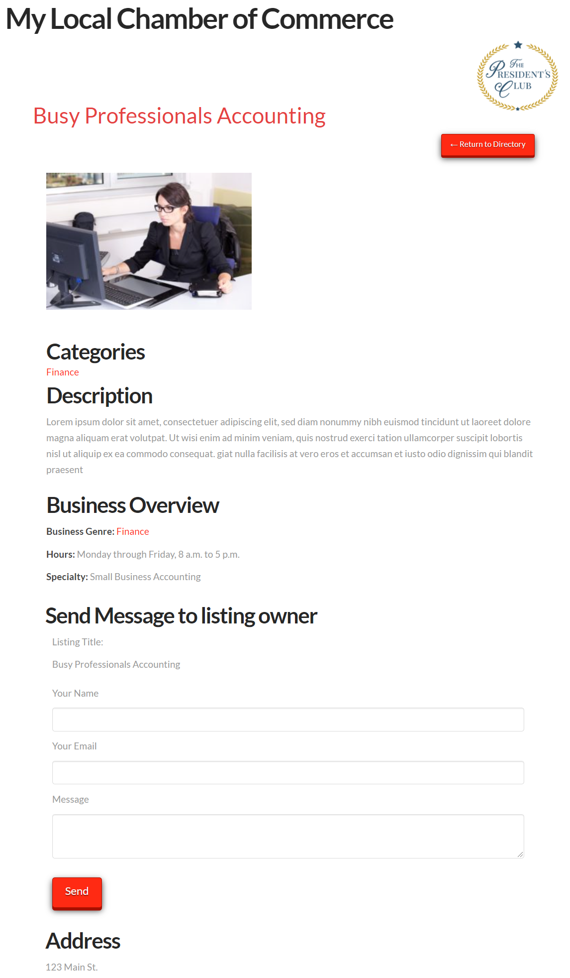 Detail listing on a chamber of commerce directory