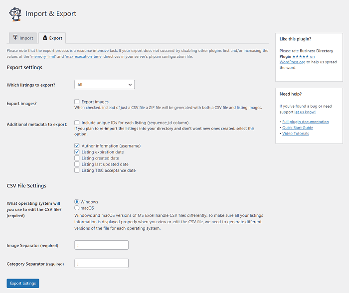 The export settings, which can be tweaked to help generate leads.