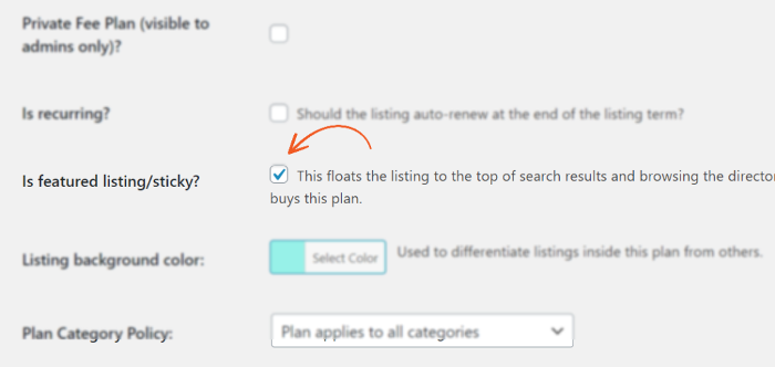 The featured posts option under the plan settings page.