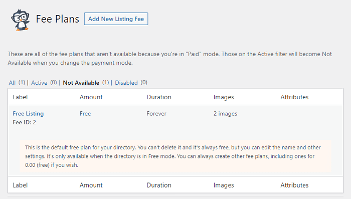 A fee plan screen for Business Directory Plugin. Even totally free WordPress company directories will need to use a 'free' plan.