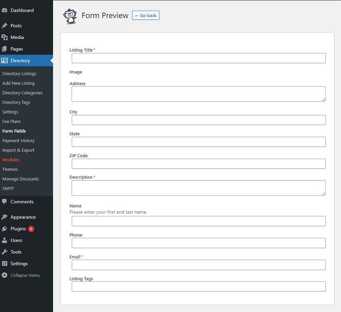 A sample real estate listing form.