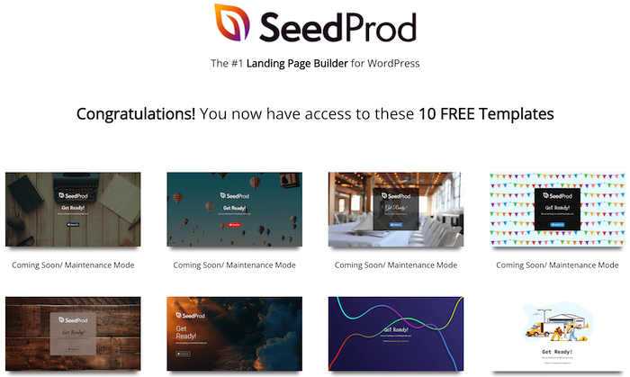 The confirmation page for receiving 10 free SeedProd templates after subscribing.