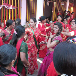 Ladies dancing in a temple in Lalitpur on the occasion of Teej.