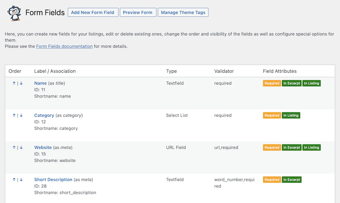 listing form fields