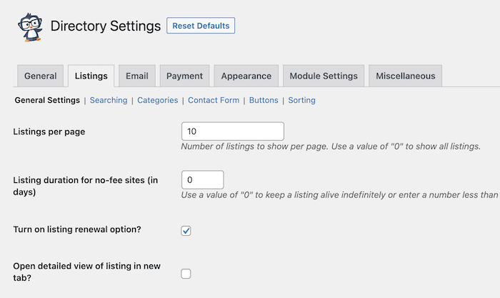 listing settings