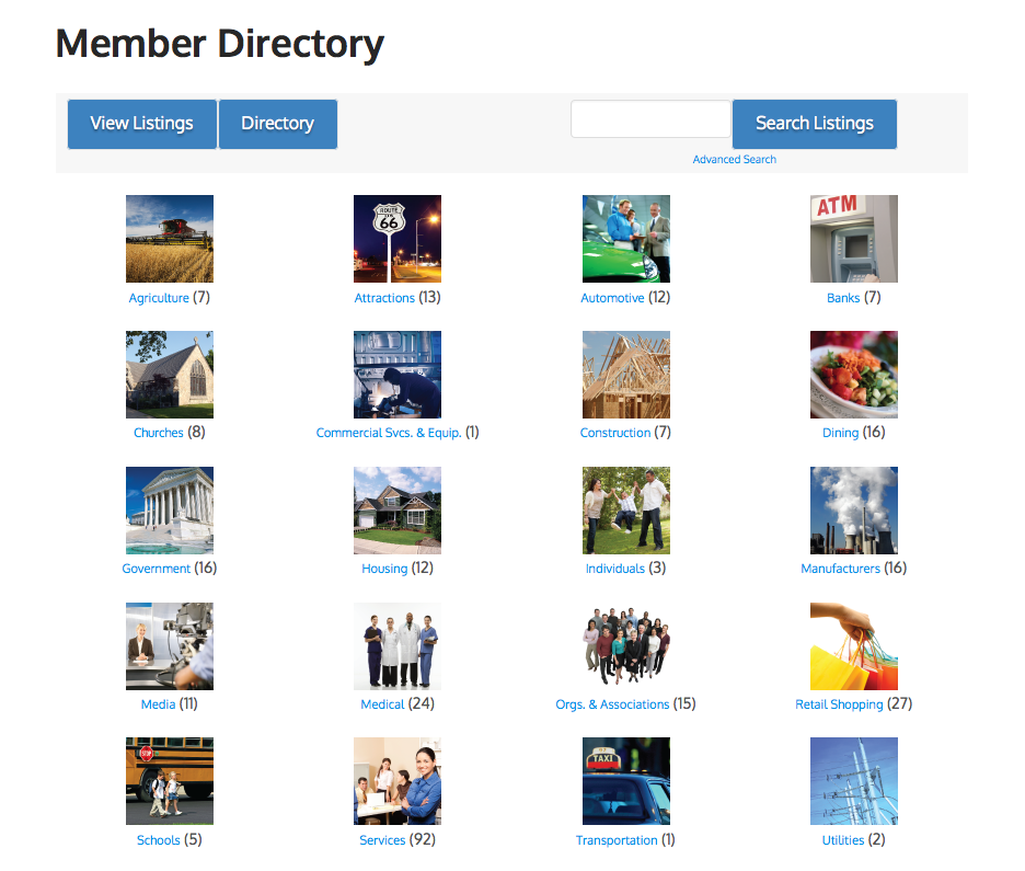 The WordPress custom directory for a chamber of commerce. Each category has an image.