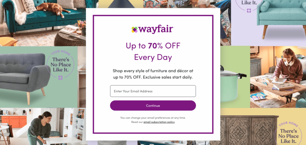 Wayfair opt-in form.