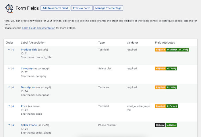 product form fields