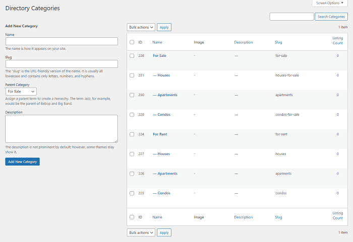 A few sample categories for houses for sale websites.