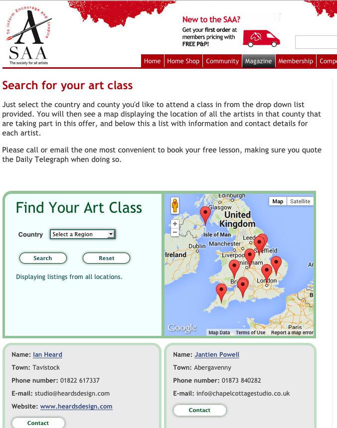 The Society for All Artists WordPress custom directory page.