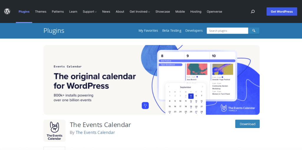 The Events Calendar plugin download page