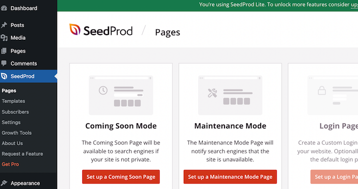 SeedProd's free page options, which including a WordPress under construction and coming soon page.