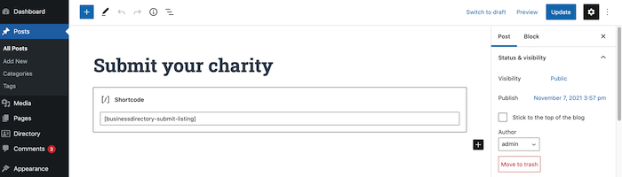 Creating a charity finder submissions page. 