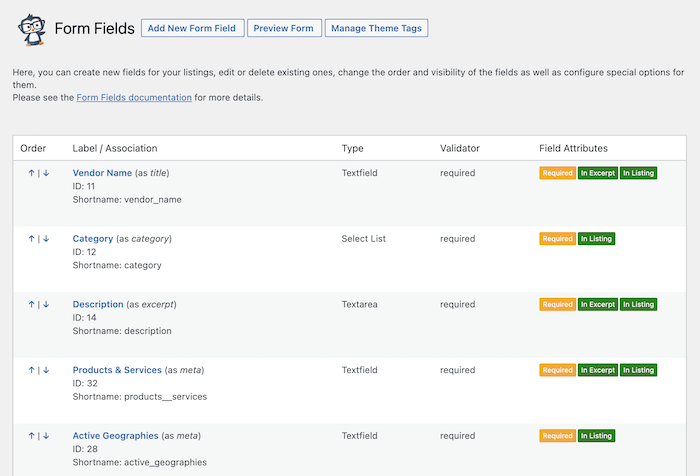 vendor directory form fields