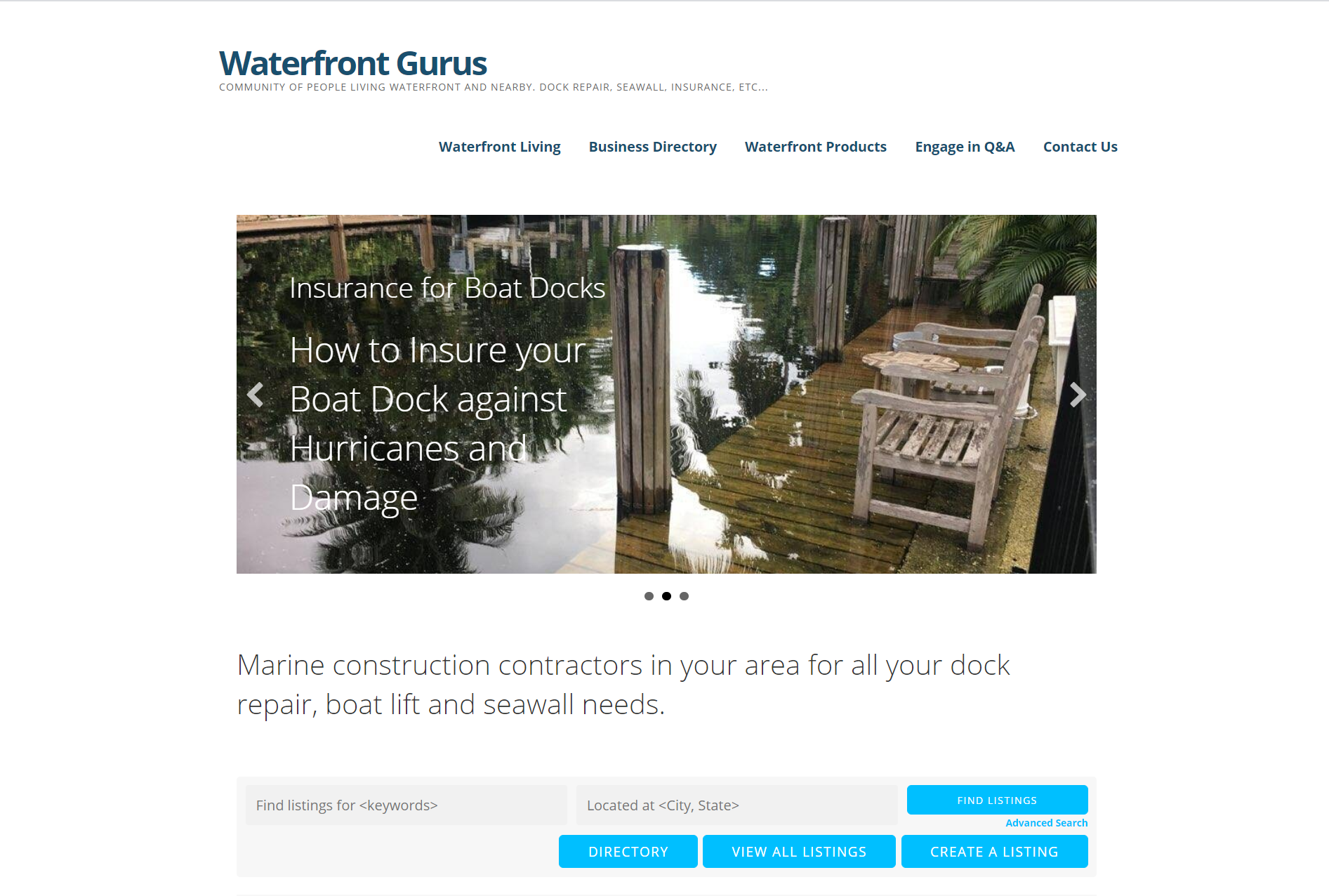 Waterfront Gurus directory homepage, one of the best business directory websites.