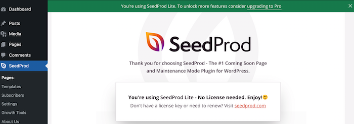 The welcome page for the SeedProd plugin.